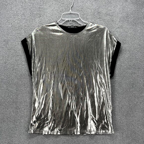 SHEIN Top Womens Small Silver metallic Disco party stretch - Picture 1 of 14